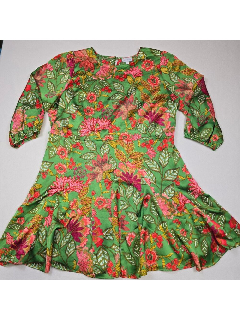Sugarlips 3X Dress Green Floral Satin Long Sleeve Fit & Flare Boho
